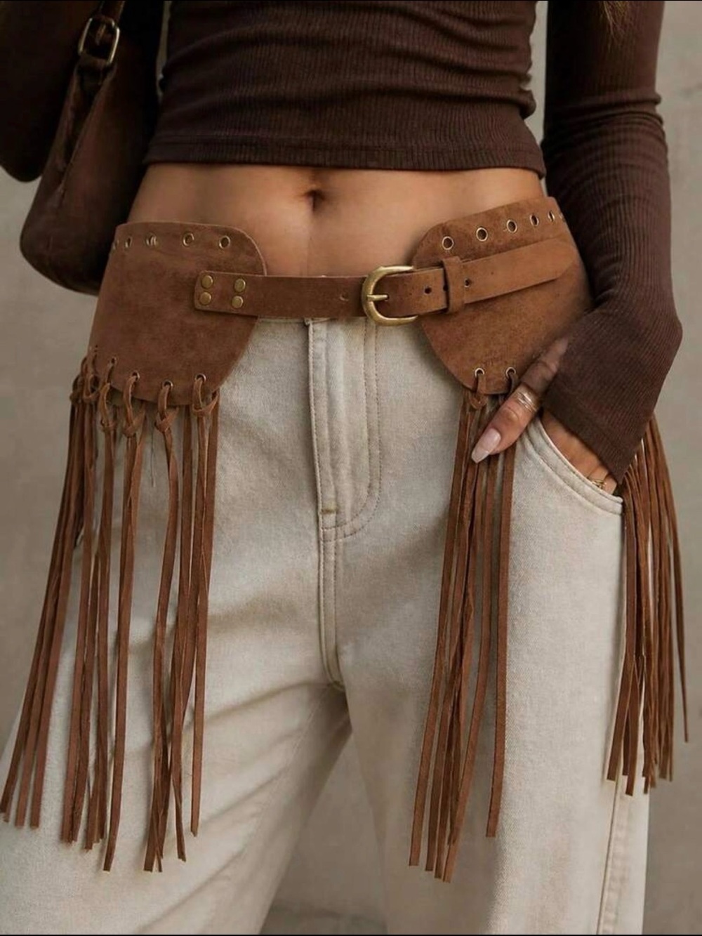 F25. Fringed Suede Waist Belt - Brown